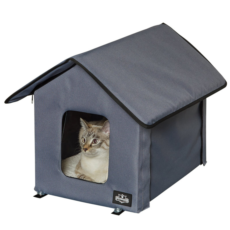 Maison pour chat chauffée - Lit pour chat à double porte avec toit à fermeture à glissière, coussin chauffant pour animal de compagnie et housse en sherpa - pour garage, porche, grange ou sous-sol par PETMAKER