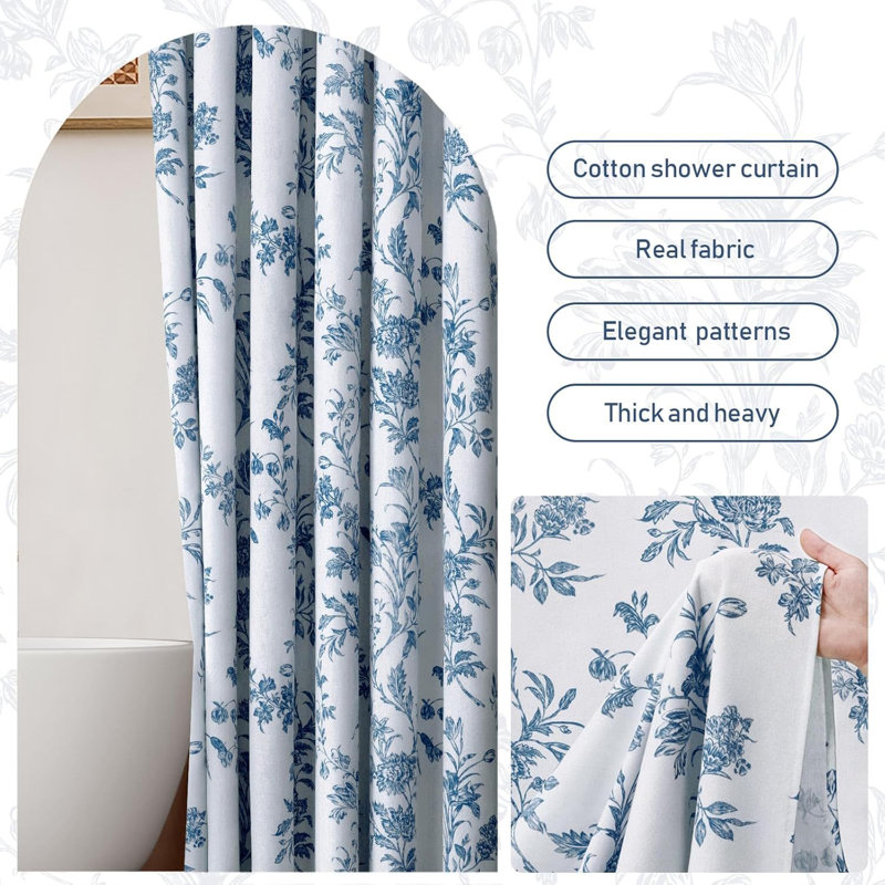 Rideau de douche en coton et lin à motif floral pour salle de bain, tissu doux et durable, facile à installer et à entretenir