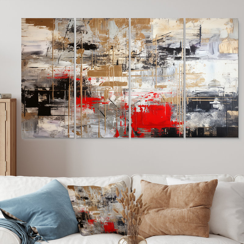 «Red Gold Abstract Minimalisme - Art mural géométrique», 4 pièces, H 28 po x l 48 po