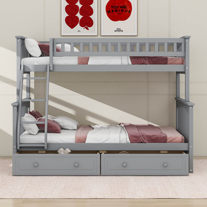 Convertible Wood Bunk Bed With Drawers Twin Over Full Detachable Bed Frame With Storage And Ladders, Grey