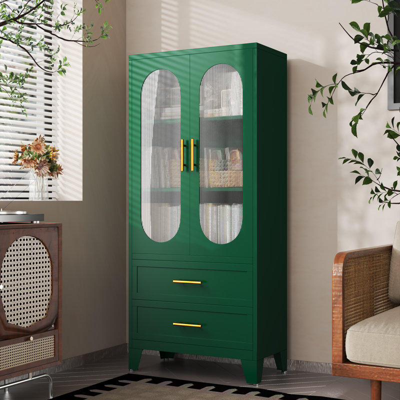 Armoire de rangement autoportante moderne en métal avec 2 tiroirs et 2 portes en verre acrylique, Noir mat