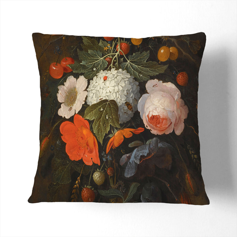 Still Life With Flowers And Fruit Vol.1 Floral Square Throw Cushion, Black, 40cm H x 40cm W x 15cm D
