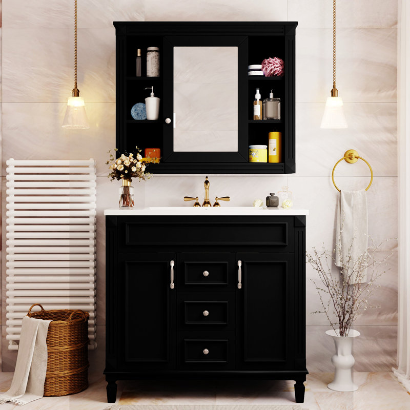 Meuble-lavabo 36 po avec résine, tiroir, porte et armoire de salle de bain, Argent, Noir