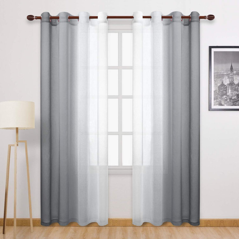 2 Panels Ombre Sheer Curtains - Faux Linen Gradient Drapes Semi Voile Bedroom and Living Room Curtains, 52" W x 108" L, Gray