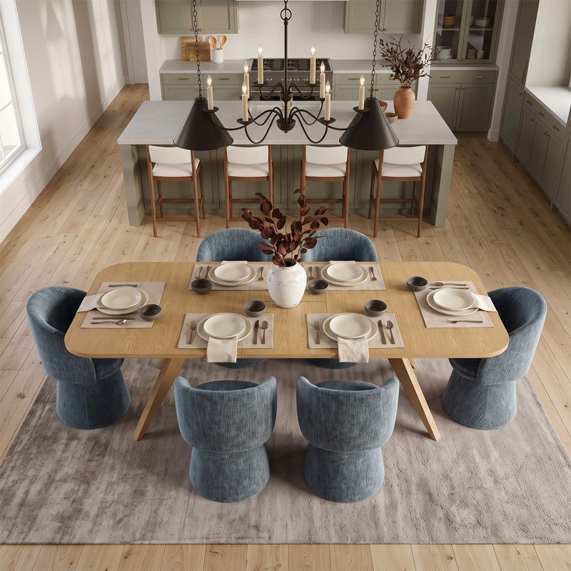 Ensemble de table de salle à manger extensible en placage de bois de 78" à 96" avec 6 chaises pivotantes en chenille, Blue