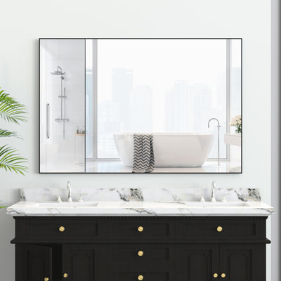 Miroir rectangulaire moderne de 48 po x 32 po avec cadre noir - Pratique pour différentes pièces comme le salon, le vestiaire, la salle de bain en aluminium