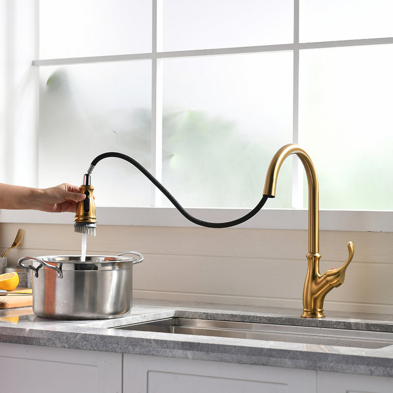 High Arc Gold Kitchen Faucet With Pull Down - Zinc Material For A Sink Brushed Finish Stylish Appearance