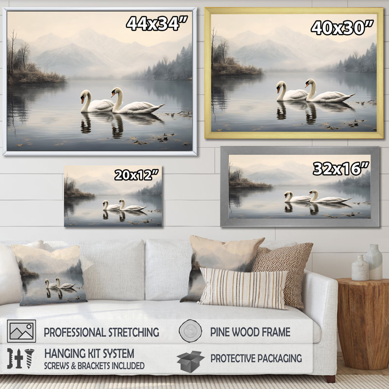 The Swans Odyssey - Swans, reproduction sur toile encadrée, Cadre flottant noir, H 34 po x l 44 po x P 1,5 po