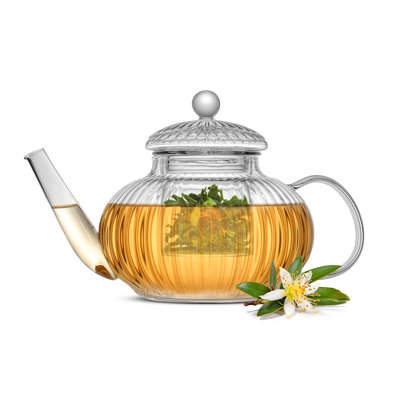 JoyJolt Savor Fluted Glass Teapot, 33.8oz Stovetop Safe with Removable Glass Infuser