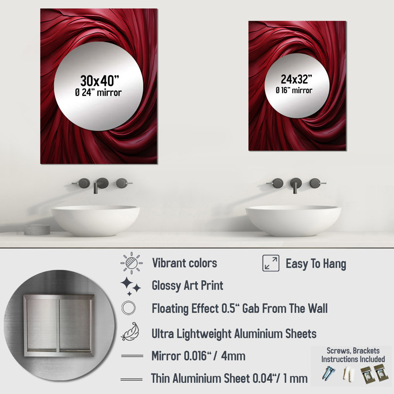 Red Winding Wonder - miroir spirales abstraites, miroir mural rouge unique, impression sur métal, 32 po x 24 po