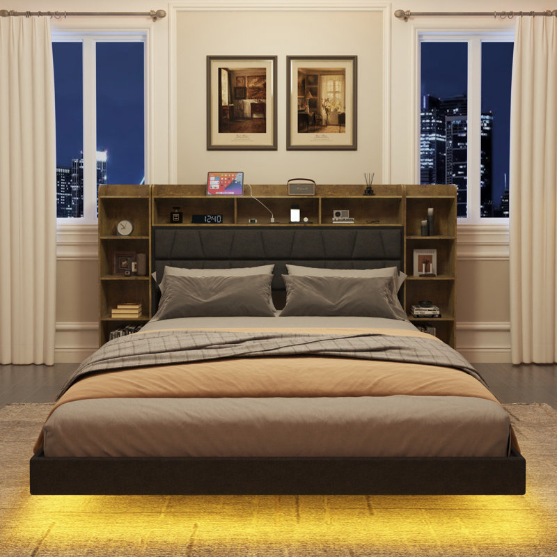 Upholstered Platform Floating Bed with Bookcase Storage Headboard