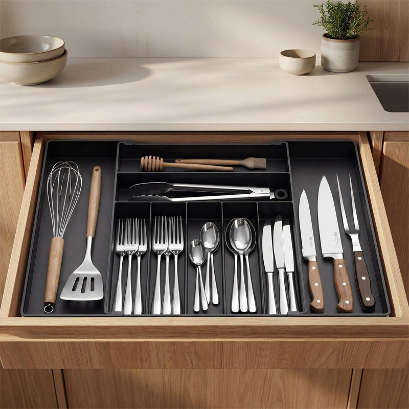 Très grand organisateur de couverts, organisateur de tiroir de cuisine extensible à 9 fentes, porte-ustensiles, organisateur de tiroir argenterie robuste en acier inoxydable, 8 pieds antidérapants inclus, sans BPA, noir