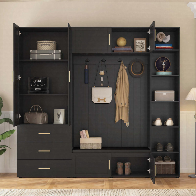 American Style 4-in-1 Hall Tree with Padded Bench, Adjustable Shelves and Coat Rack Hooks, Antique Black