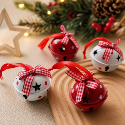 4 Pack Christmas Ornaments Metal Jingle BellsRed and White Iron Hanging Decorations Christmas Decor Gifts