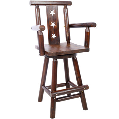 Rustic Bar Stool With 360° Swivel, Fir Wood, Star Backrest, Footrest, And Wide Armrest For Comfortable Seating In Kitchen, Dining, And Pub Settings