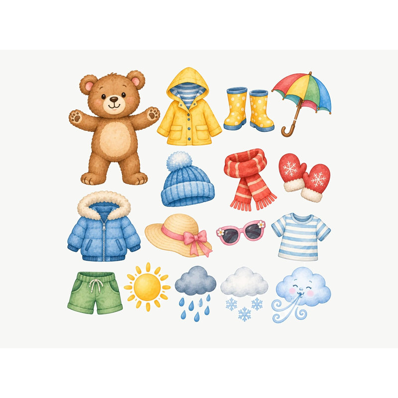 Weather Bear Dress Up Wall Decals, Set of 16 Educational Peel and Stick Wall Stickers, Classroom Playroom Decor, Kids Learning Wall Art, 20"W x 20"H (50 x 50 cm)