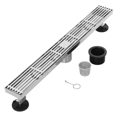 FINE FIXTURES Linear Shower Drain, Slotted Grate Design, 10-Gauge 304 Stainless Steel, Center Outlet, Fast Drainage, Hair Strainer Included