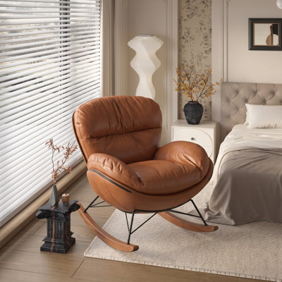 Chaise berçante moderne et ergonomique, chaise berçante rembourrée surdimensionnée avec structure en bois massif et revêtement en cuir pour le salon