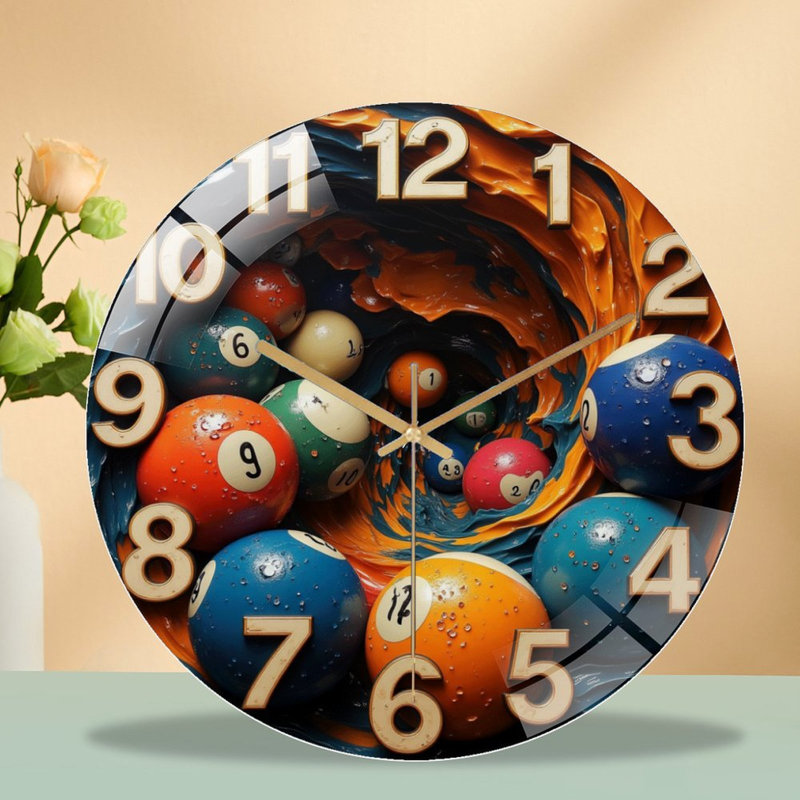 Ensemble de boules de billard colorées pour jouer à la table de billard - Horloge murale moderne en verre 12 po