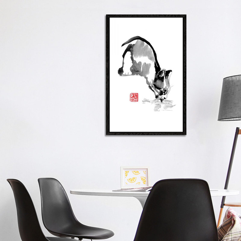 Drinking Cat by Péchane - Print on Canvas, 101.6 cm H x 66.04 cm W, Black Framed