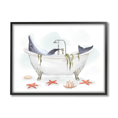 Dolphin Lounging in Bath Tub Nautical Shells XXL Black Framed Giclee Texturized Art by Ziwei Li