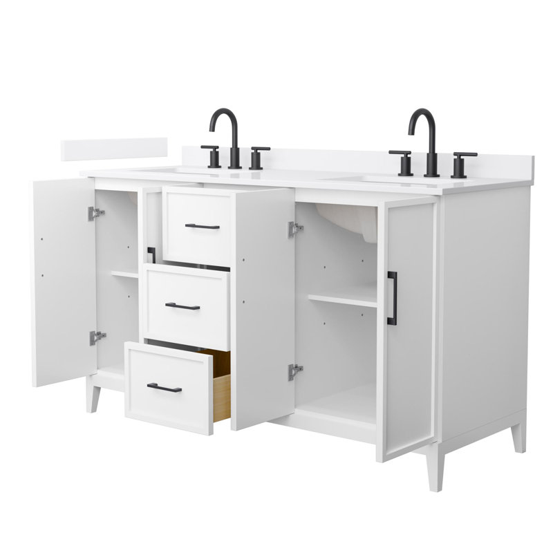 Elan 60'' Double Bathroom Vanity with Quartz Top, Matte Black, White, 8" Center
