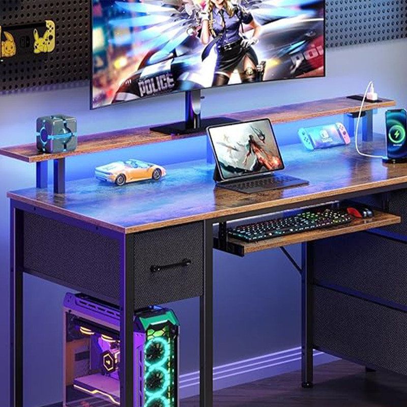 Seventable Computer Desk 47.2" with LED Lights & Power Outlets, Home Office Desk with 4 Drawers and Keyboard Tray, Work Desk for Home Office, Rustic Brown