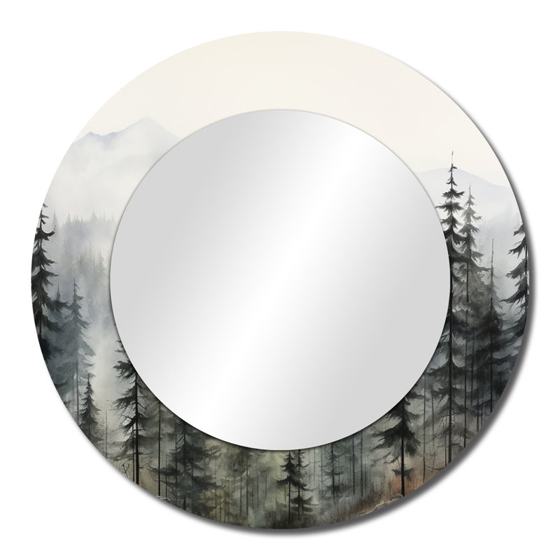Pin, Misty Mountain II - grand miroir en pin, décor de miroir mural rond traditionnel, 23 po x 23 po