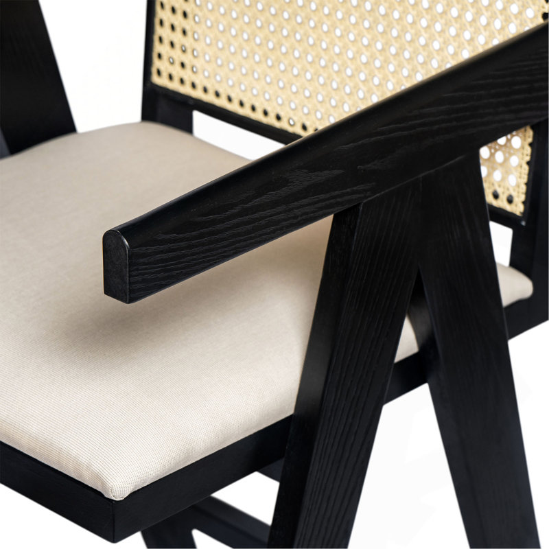 Tabouret de bar moderne avec siège canne, structure en bois massif, Gris crème, Noir