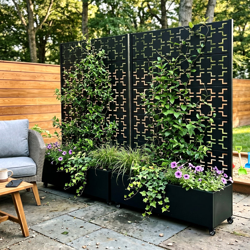 Rohun Galvanized Metal Rectangular Planter with Trellis and Locking Wheels , Black, 72" H x 47" W x 16" D