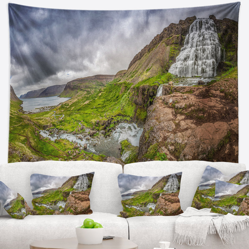 Dyjandi waterfall islande panorama tapisserie Landscape, H 32 po x l 39 po