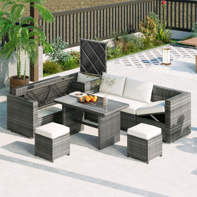 Ensemble de canapé en rotin PE toutes saisons 6 pièces, mobilier de jardin modulaire en osier de jardin avec sièges réglables, boîte de rangement, housses amovibles et table en verre trempé, beige