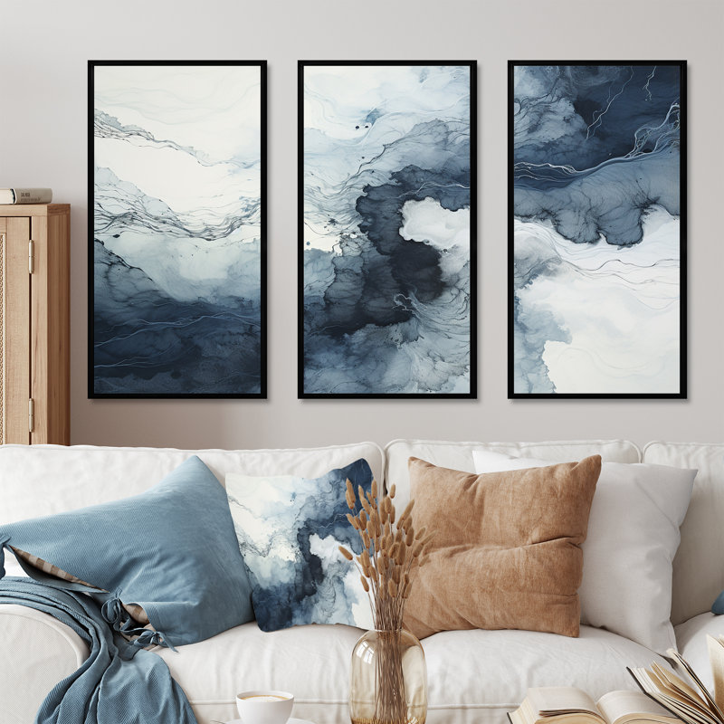 Ensemble de décorations murales en marbre bleu et blanc River III, Cadre flottant noir, H 40 po x l 60 po x P 1 po