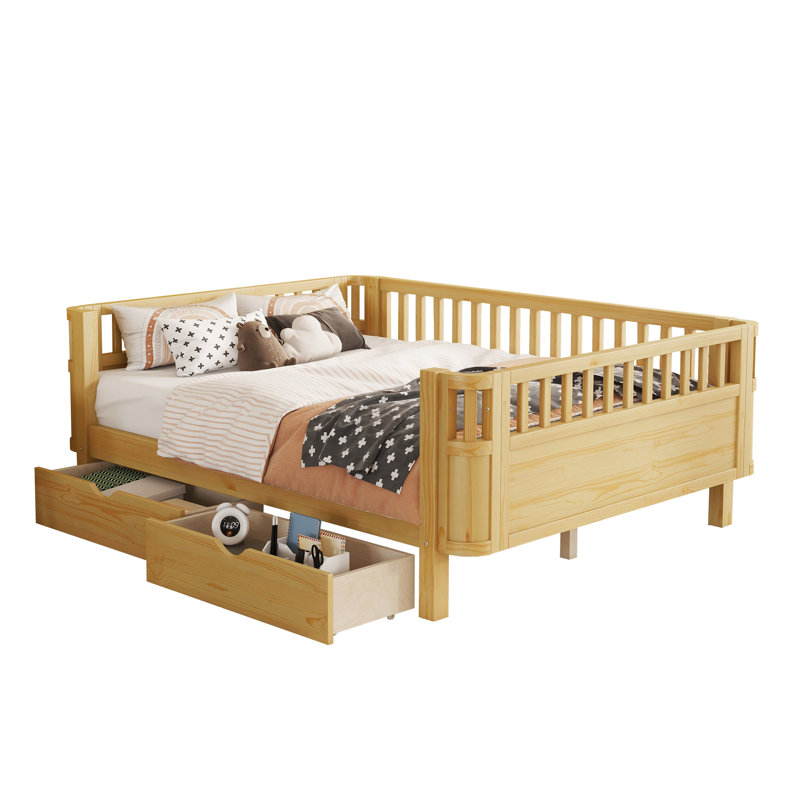 Full Kids Wood Platform Bed with Guardrails, Twin Low Profile Bed with Storage Drawers for Boys & Girls, Natural, Natural