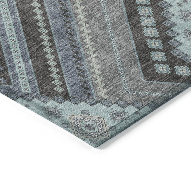 3' X 5' Pewter Charcoal And Sky Blue Tribal Washable Indoor Outdoor Area Rug