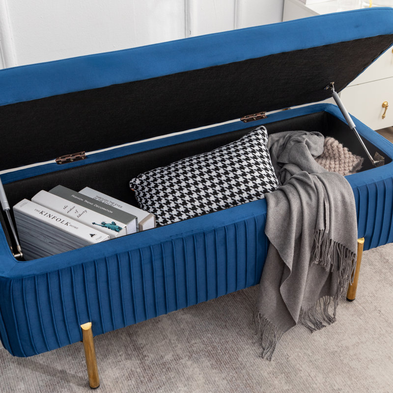 Banc de rangement rembourré en velours Miajah, Bleu