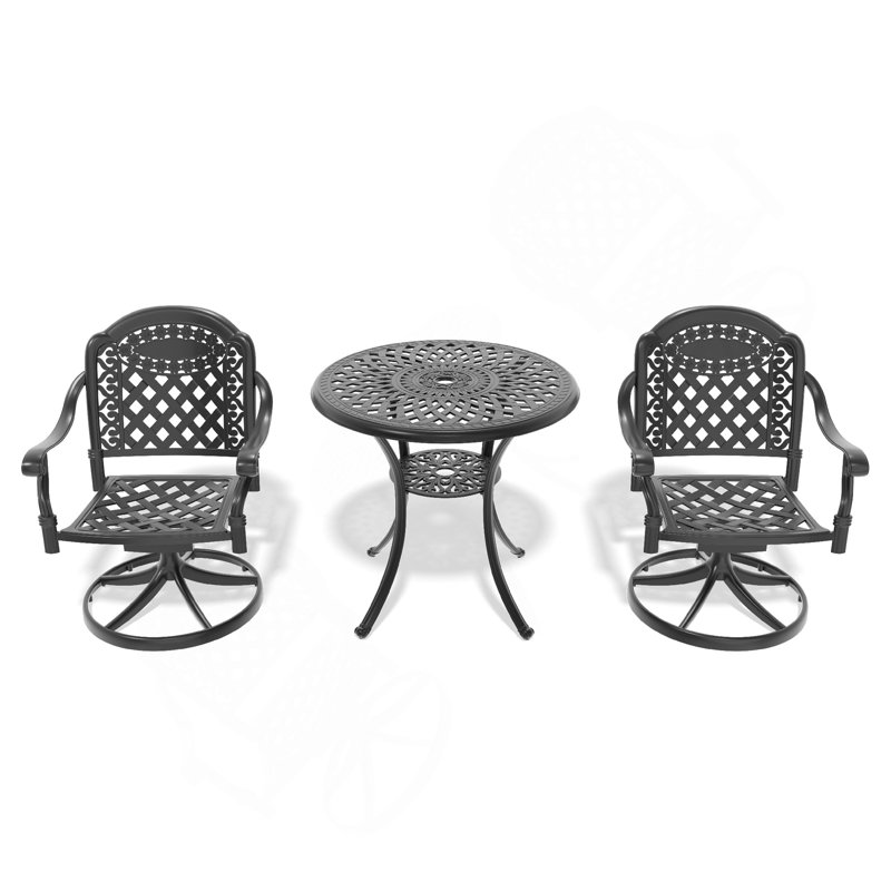 Ensemble de salle à manger 3 pièces en aluminium coulé toutes saisons comprenant 2 chaises pivotantes et une table ronde avec cadre noir