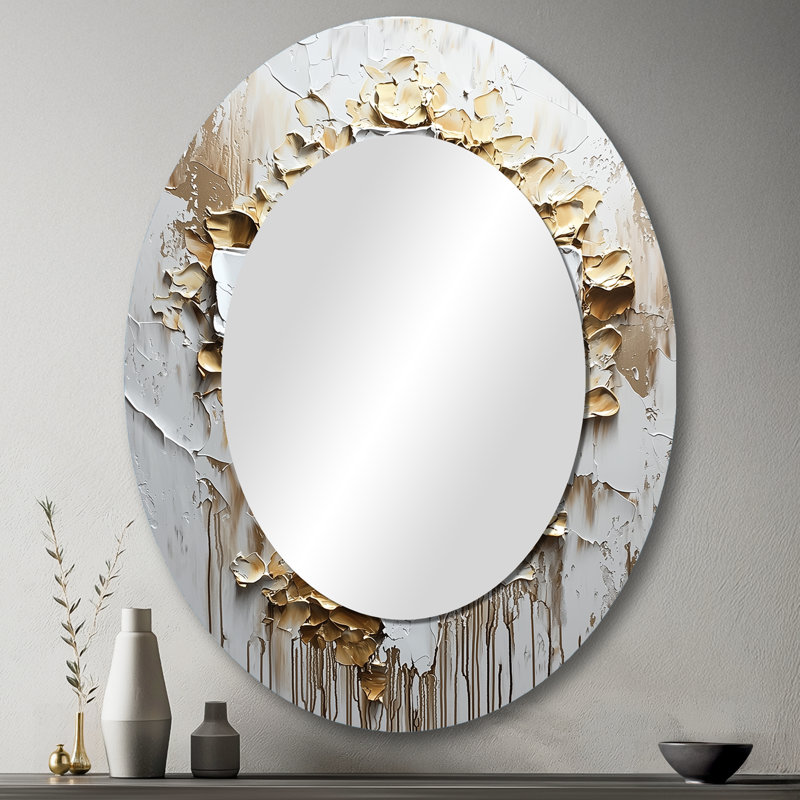 Gold And White Marbled Christianity Cross - White Oval Wall Mirror Decor, 43" x 33"