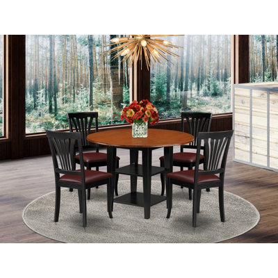 5 Piece Dining Table Set for 4 Includes a Round Kitchen Table with Dropleaf & Shelves and 4 Faux Leather Dining Room Chairs, 42x42 Inch, Black & Cherry