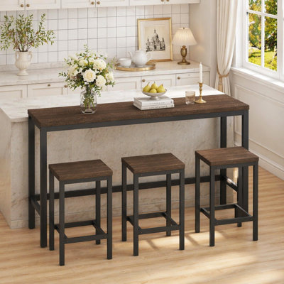Long Dining Table Set with 3 Stools