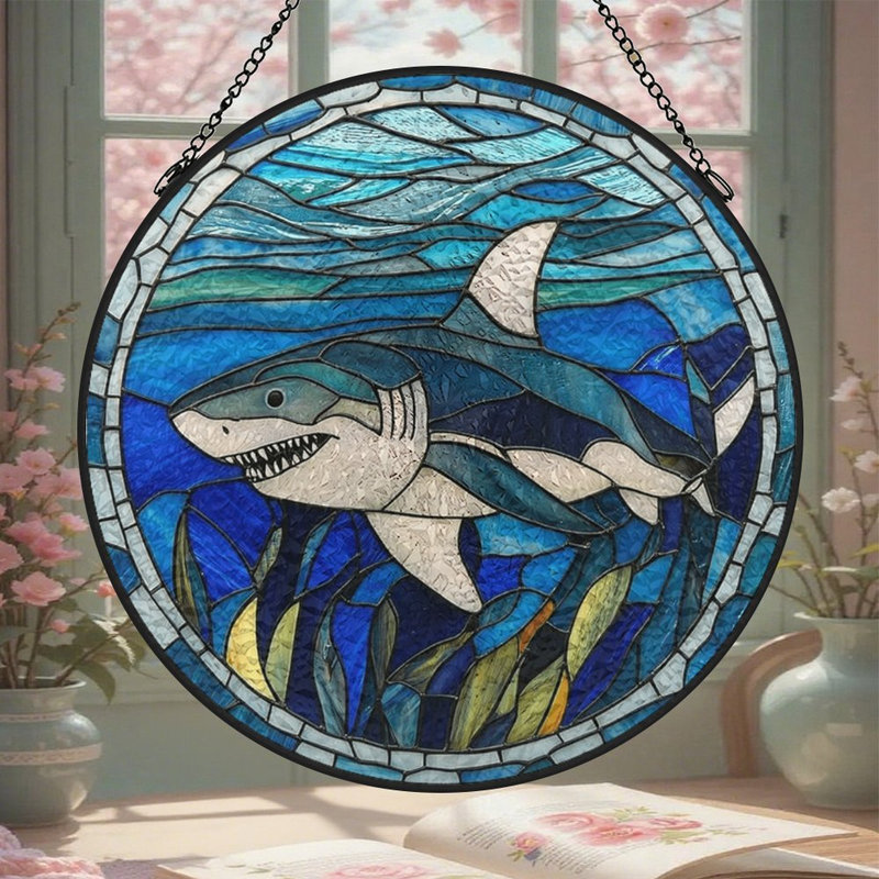 Vitrail requin, panneaux de vitrail attrape-soleil pour la décoration de fenêtre, 6,3 x 6,3 po (16 x 16 cm)