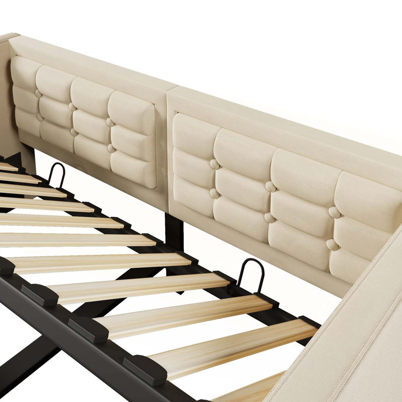 Upholstered Twin Size Daybed with Hydraulic Storage, USB & Type-C Charging, Wooden Slats, and Tufted Sofa Back, Beige Velvet