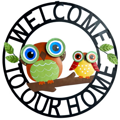 Welcome Owl Metal Door Wreath With Welcome To Our Home Sign, Decorative Outdoor Sign For Home, Garden, Porch Or Front Door Wall Decorations