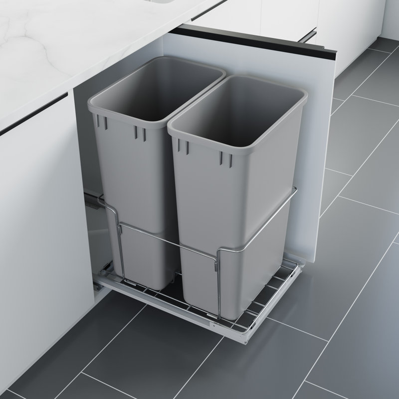 Poubelle de cuisine coulissante double 18 po Dowell avec glissières à fermeture en douceur - aluminium, 50 pintes -Double