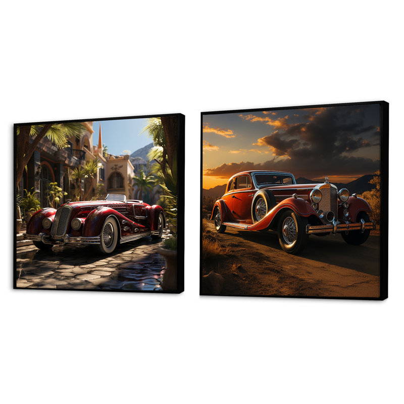 Expressionist Vintage Car Spirit - Ensemble de 2 voitures carrées, Cadre flottant noir, H 36 po x l 73 po