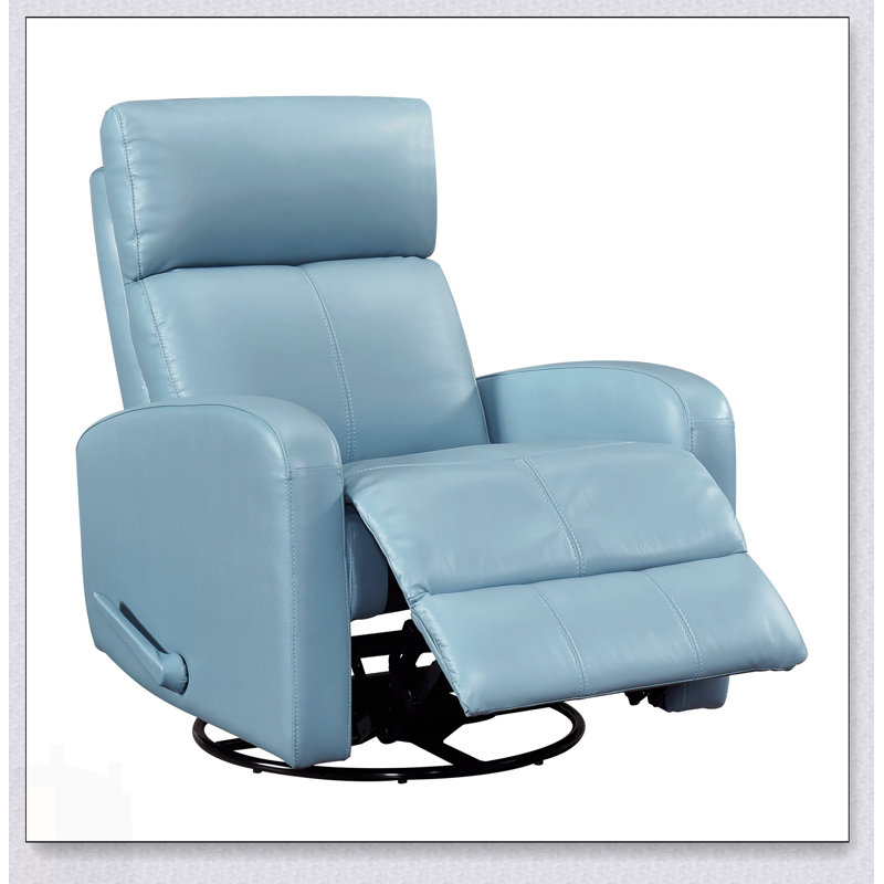 Luxueux fauteuil inclinable coulissant en cuir bleu avec mouvement pivotant, mousse haute densité et structure en bois massif pour un confort ultime