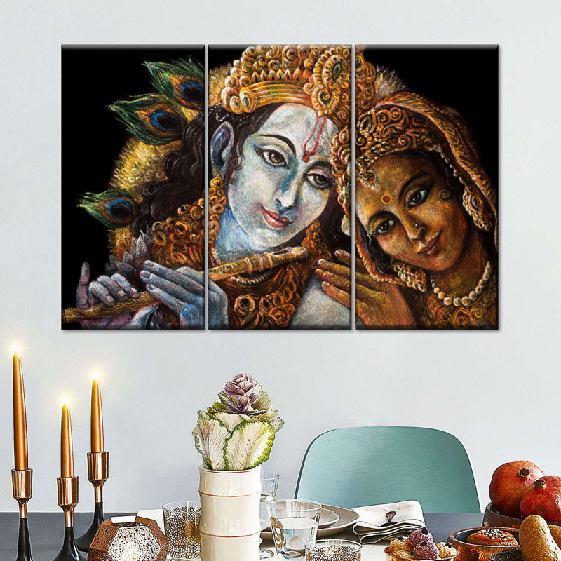 Magnifique ensemble de 3 pièces sur toile Radha Krishna, H 50 po x l 32 po x P 1,25 po