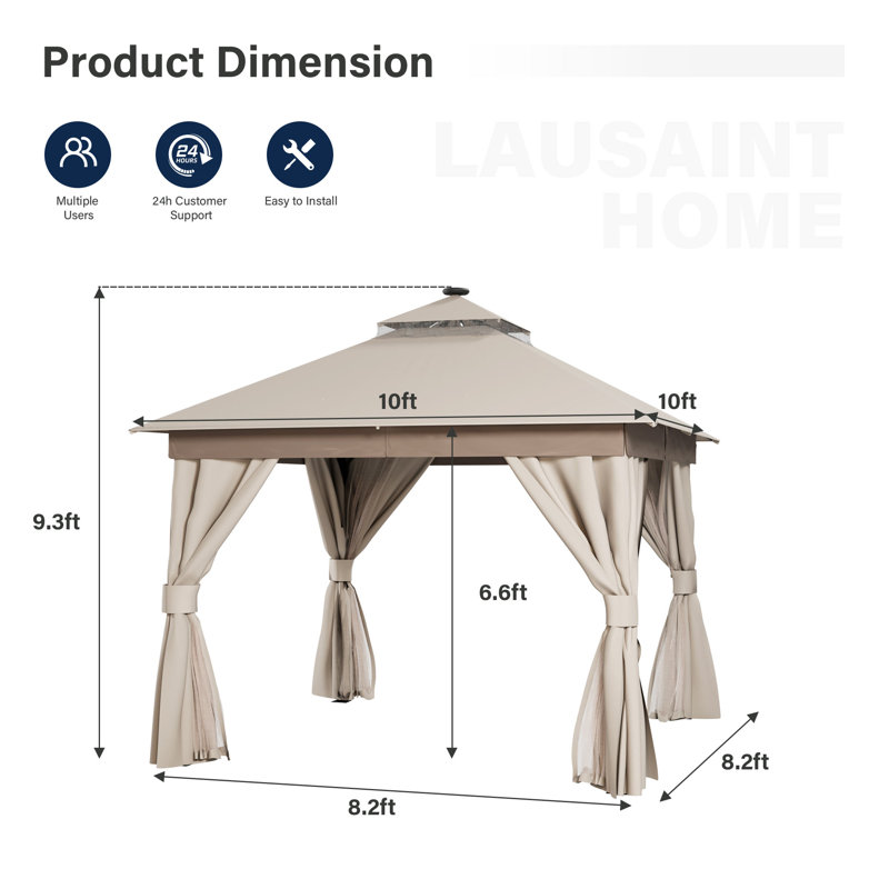 Steel Patio Gazebo, 10 Ft. X 10 Ft. with LED Lights, Khaki
