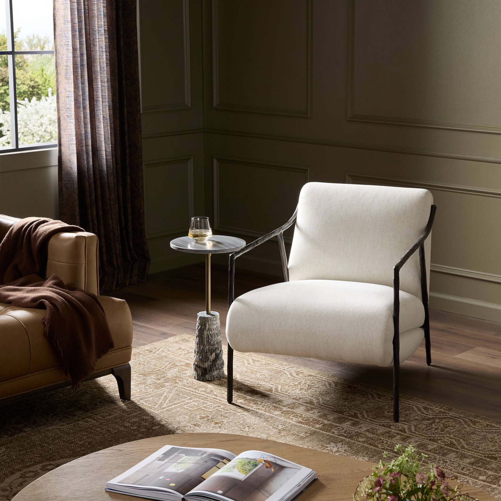 Chelley Upholstered Accent Chair, Nomad Snow Crypton Performance Chenille