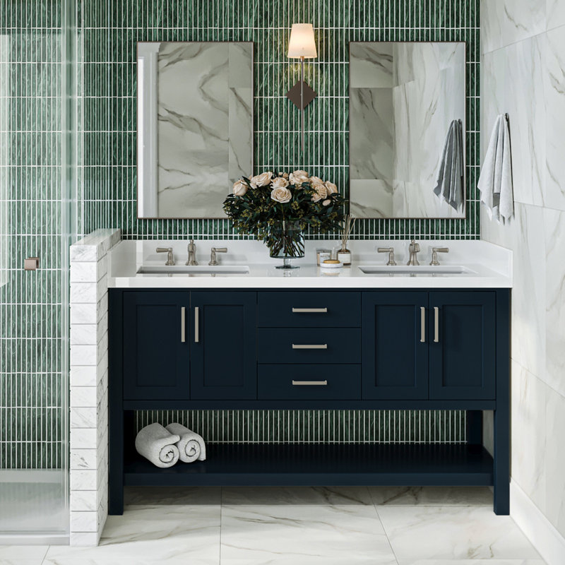 Magnolia Bath Vanity Oval Basin, Midnight Blue, White Quartz, Rectangle 